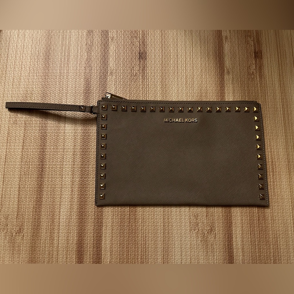 NEW large MK gold studded taupe wristlet - Micheal Kors, patent leather clutch